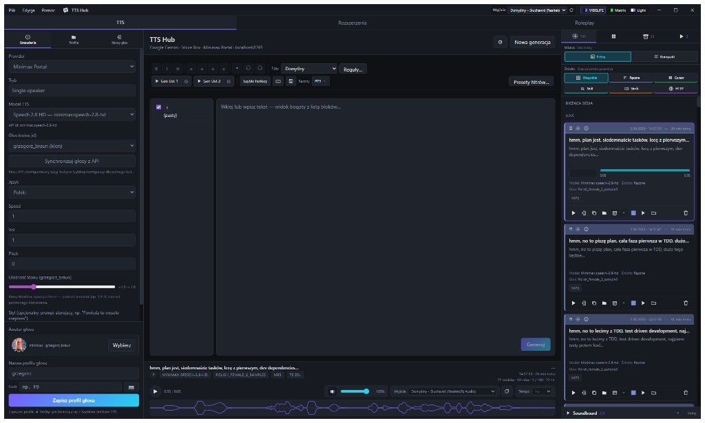 TTShub desktop app — TTS Hub interface with providers, editor, and session history